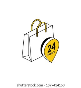 Shopping bag working hours 24 hours. Vector line, 3d stroke isometric, color web icon, new flat style. Creative illustration design, abstract idea for infographics.