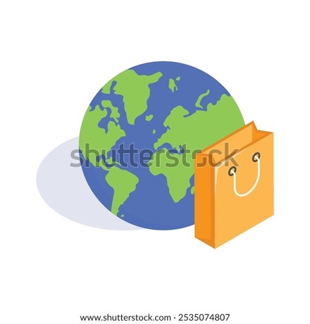 Shopping bag with world globe concept isometric icon of global shopping