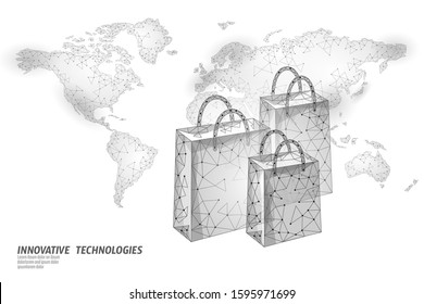 Shopping bag world map low poly design 3D. Online shop worldwide delivery sale vector illustration
