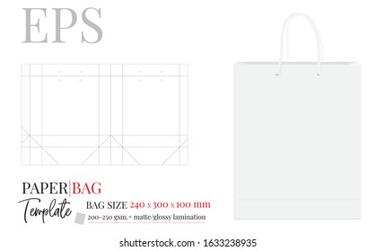 Shopping Bag,300 x 240 x 100, Packaging Design, 3D. Vector with die cut layers. White, clear, blank, isolated Paper Bag mock up on white background with perspective view