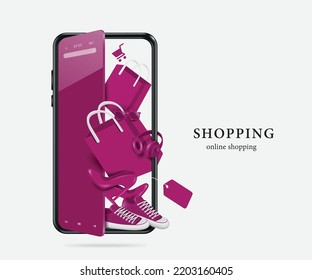 Shopping bag,headphones, sneakers,glasses ,high heels stacked place on front the smartphone screen that was ajar like opening door and all are purple,vector 3d for  online shopping advertising design