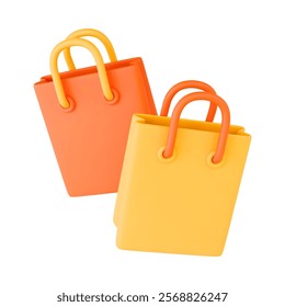 Shopping bags 3D autumn concept. Yellow and orange shopping Bag Icon. Realistic vector symbol of seasonal sale, autumn discount, october shopping. Plastic cartoon style illustration on white.