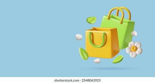 Shopping bags 3d vector icon with green leaves and white petals. Spring sale and promotion background with copy space.