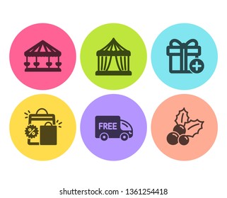 Shopping bags, Add gift and Free delivery icons simple set. Circus tent, Carousels and Christmas holly signs. Sale discount, Present box. Holidays set. Flat shopping bags icon. Circle button. Vector