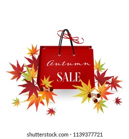 Shopping bags with Autumn Sale text, fall leaves and acorn isolated on white background. Special autumn sale banner. 