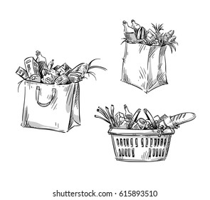 Shopping Bags And Basket. Vector Drawing