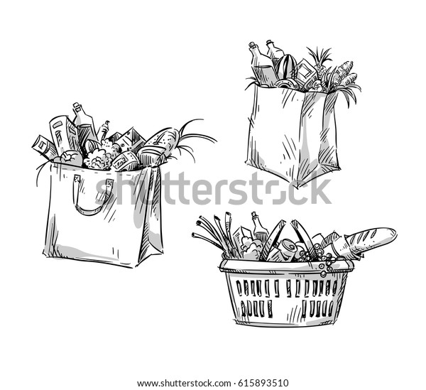 Shopping Bags Basket Vector Drawing Stock Vector (Royalty Free) 615893510