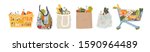 Shopping bags and baskets flat vector illustrations set. Grocery purchases, paper and plastic packages, turtle bags with products. Natural food, organic fruits and vegetable. Department store goods.