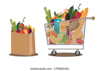 Sacos de compras y cestas de ilustraciones planas vectoriales. Alimentos naturales, frutas orgánicas y verduras.