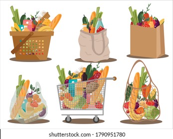 Shopping bags and baskets flat vector illustrations set. Grocery purchases, paper and plastic packages, turtle bags with products. Natural food, organic fruits and vegetable.