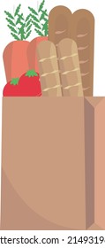 Shopping bags and baskets flat vector illustrations set. Grocery purchases. Products. Natural food, organic fruits and vegetable