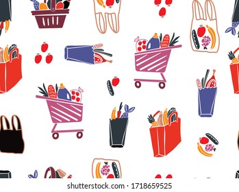 Shopping bags and baskets with grocery flat vector pattern.Grocery purchases, paper and plastic packages, turtle bags with products. Natural food, organic fruits and vegetable.