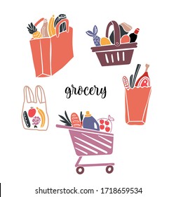 Shopping bags and baskets with grocery flat vector illustrations set. Grocery purchases, paper and plastic packages, turtle bags with products. Natural food, organic fruits and vegetable.