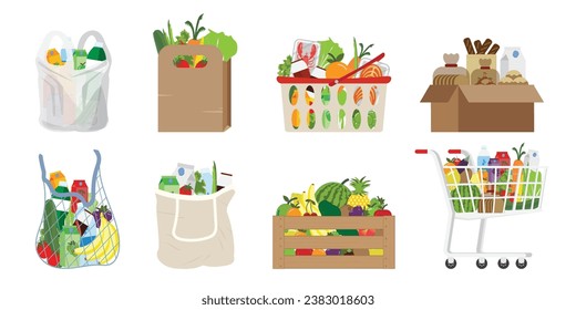 Shopping bags and baskets isolated on white background. Grocery shopping, paper and plastic packaging, turtle bags with natural food products, organic fruits and vegetables,merchandise in the mall.