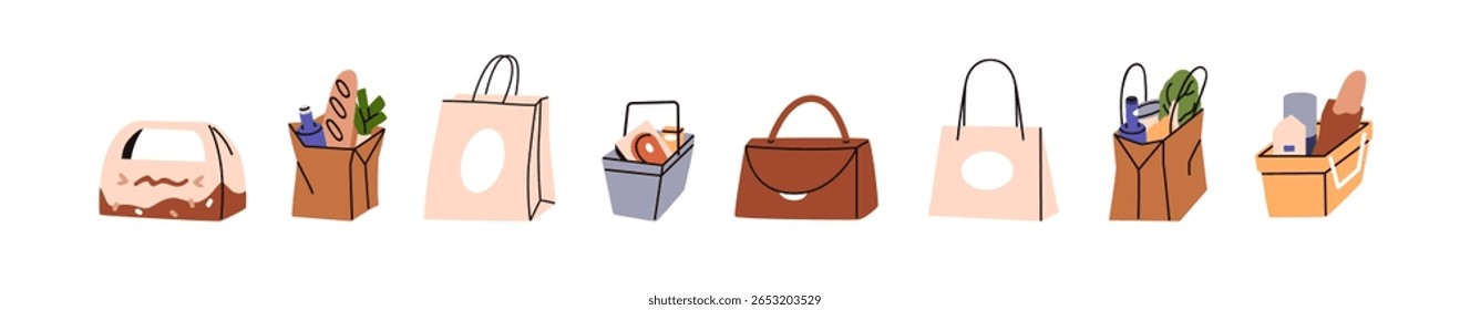 Sacos de compras, cestos, embalagens de papel com mercadorias, conjunto. Recipientes de mercearia, totes, embalagens com alimentos, compras, para o mercado e supermercado. Ilustração de vetor plano isolada no plano de fundo branco