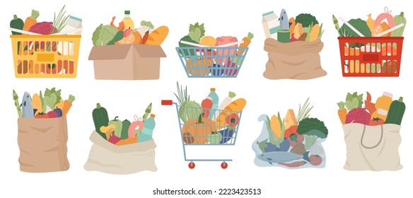Shopping bags and baskets set. Grocery purchases, paper and plastic packages, turtle bags and baskets with products. Natural organic fruits and vegetable. Department store goods. Vector illustration