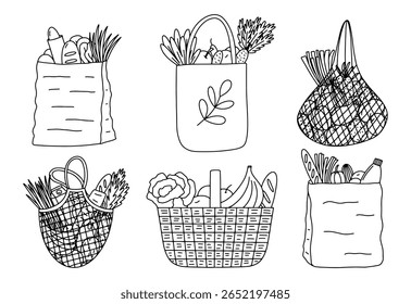 Sacos de compras e cestas vetor mão desenhou esboço conjunto. Saco de corda, sacos de tartaruga, papel de embalagem desenhado à mão