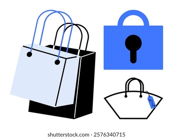 Shopping bags in black and blue colors with a blue lock symbol. Ideal for online shopping e-commerce security retail marketing consumer protection. Minimalistic clean style