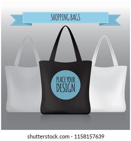 Shopping bags. Black, white, grey bag for your brand. Vector package template for your design