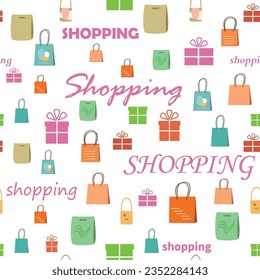 shopping bags and boxes on white background - vector seamless pattern