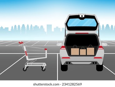 Bolsas de compras en el maletero del coche en el estacionamiento Lot. Comprar en supermercado o en tiendas de conveniencia. Concepto de compras. Ilustración vectorial. 