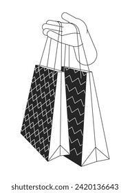 Shopping bags carrying cartoon human hand outline illustration. Buyer shopaholic 2D isolated black and white vector image. Fashion customer. Promotion sales store flat monochromatic drawing clip art