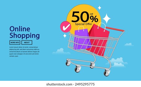 Shopping bags in shopping cart With circle sign or tag label for promotion special offer 50% off. Big sale. discount promotion. advertising design. Black Friday concept. Vector illustration.