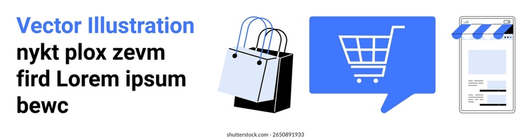 Shopping bags, cart icon in blue speech bubble, and online storefront with awning. Ideal for e-commerce, online shopping, retail, digital stores, business, marketing, web design. Landing page