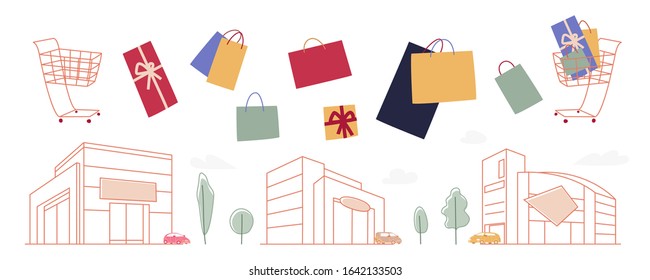 Shopping Bags Cart and Malls design set. Flat and linear images for season sales, shopping malls, markets, promotion materials.