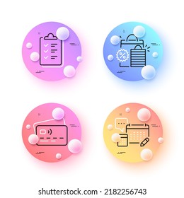 Shopping bags, Checklist and Card minimal line icons. 3d spheres or balls buttons. Account icons. For web, application, printing. Sale discount, Questioning clipboard, Bank payment. Vector