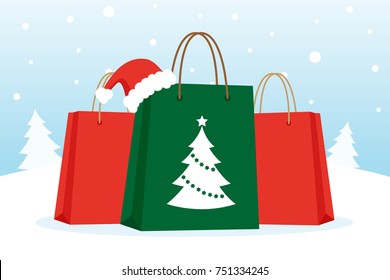 Shopping bags with christmas hat on the snow. Vector illustration