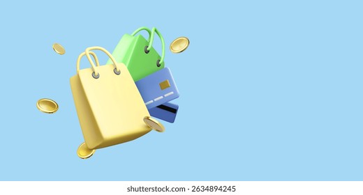 Shopping Bags, Coins, and Credit Card 3D Render on Blue Background. Perfect for Finance, Retail, E-Commerce, and Mobile App Concepts. Trendy Colorful Vector Illustration