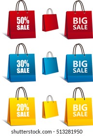 Shopping Bags colorful set. Red, blue, yellow shopping bag Isolated in White. Vector Illustration