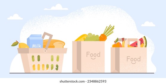 Shopping bags concept. Packages with groceries and food. Milk, cheese, vegetables and baguette. Natural and organic products. Support your local shop. Cartoon flat vector illustration