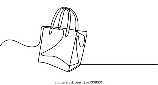 Shopping Bags Continuous Line Drawing with an Editable Stroke and Copy Space, continuous line of tote canvas bag.one line drawing of shopping tote canvas bag.single line vector illustration.isolated.