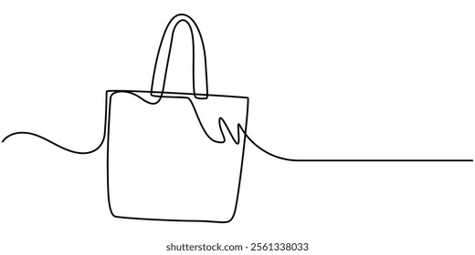 Shopping Bags Continuous Line Drawing with an Editable Stroke and Copy Space, continuous line of tote canvas bag.one line drawing of shopping tote canvas bag.single line vector illustration.isolated.