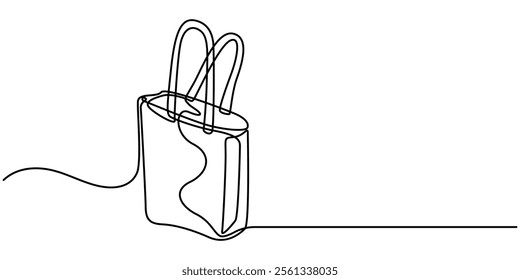 Shopping Bags Continuous Line Drawing with an Editable Stroke and Copy Space, continuous line of tote canvas bag.one line drawing of shopping tote canvas bag.single line vector illustration.isolated.