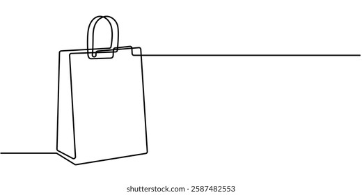 Shopping Bags Continuous Line Drawing with Editable Stroke and Copy Space, Vector continuous one single line drawing icon of sale hand holding paper bags black friday concept in silhouette sketch. 