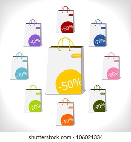shopping bags decorated with percent stickers - vector illustration