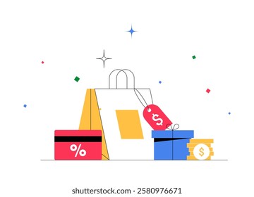 Shopping Bags With Discounts And Gift Boxes, Flat Vector Illustration Symbolizing E Commerce, Holiday Sales, And Online Shopping Deals, Isolated On White Background