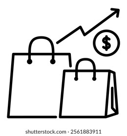 Shopping bags, a dollar sign, and an upward trend arrow, symbolizing upselling, revenue growth, and increased sales round line vector icon with editable stroke