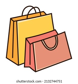 Sacos de compras Ilustración de vectores de color Doodle. Aislado sobre un fondo blanco. Dibujado a mano, cómico, contorno.