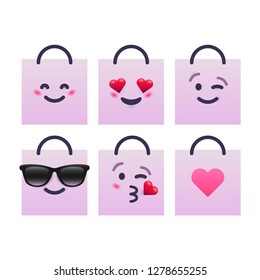 Shopping bags emoticon set. Smile, in love, wink, cool, kiss, heart. Vector EPS 10