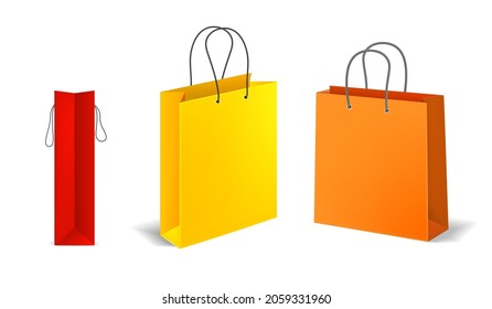 Shopping bags. Empty color paper handbag, fashion square packages with handle different angles view. Store purchase and gifts wrapping, cardboard packet vector isolated on white background set