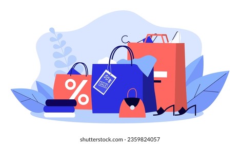 Shopping bags expanding with items vector illustration. Discounted products and accessories with sale labels and percentage tags. Black Friday, shopping, commerce, business concept