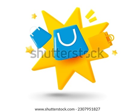 Shopping bags with explosion effect. 3d vector mobile application icon with notification