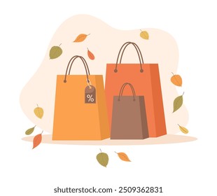 Bolsas de compras con hojas de otoño cayendo alrededor. Ilustración vectorial de arte de Clip de venta de otoño en estilo plano