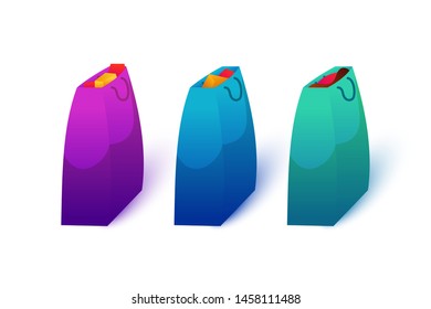 Shopping bags flat vector illustrations set. Purple, blue and green full shopper packets with products. Retail service, consumerism symbol. Store customer, buyer attribute. Purchase containers pack