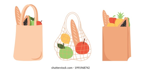 Shopping bags flat vector illustrations set. Grocery purchases, paper and textile packages. 