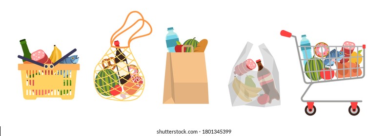 Shopping bags with foods. Grocery purchases, paper packages, plastic or eco bag, full trolley and basket with products. Buying organic food modern flat vector cartoon set